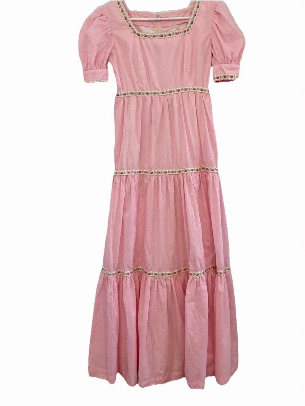 Vintage 1970s Pink Maxi Dress, Cottage Core, Tiered, Puff Sleeves, Embroidery